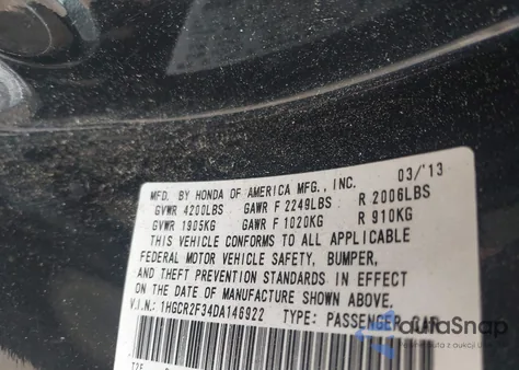 2013 Honda Accord Lx from USA, damaged, VIN 1HGCR2F34DA146922